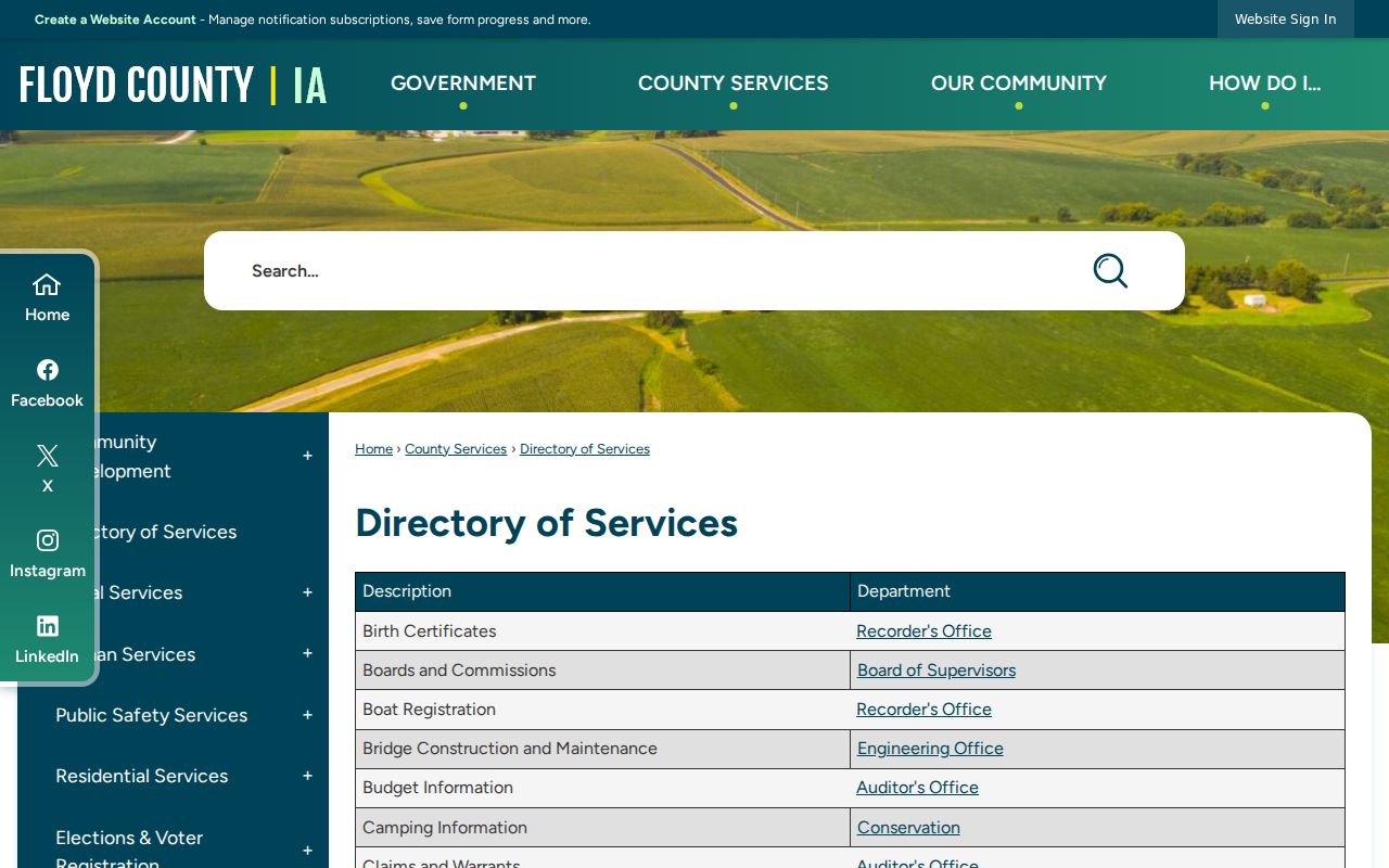 Floyd County services directory used to route Nora Springs record requests